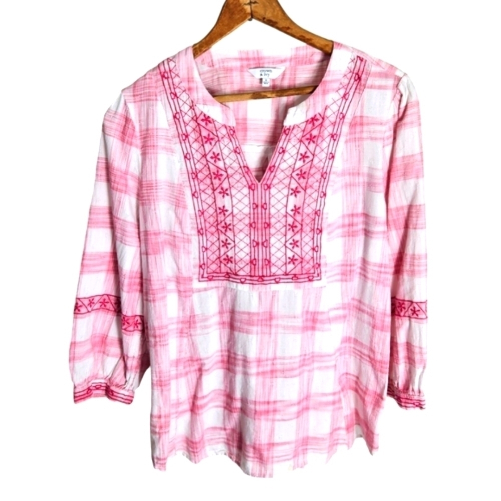 Crown & Ivy Pink Gingham Plaid Embroidered Blouse, medium